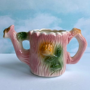 Vtg Pink Ceramic Watering Can Planter/ Vase, Yellow Flower Pink Watering Can Planter, 4.50&quot; Tall