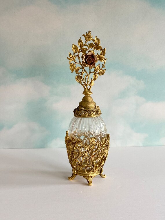 Vtg Ormolu Gold Plated Glass Perfume Bottle, Boud… - image 10