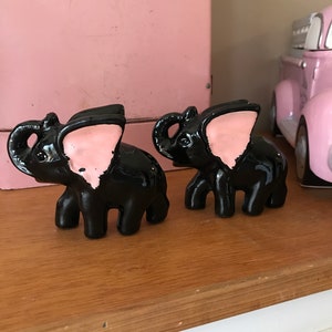 Mid Century Elephant Figurines, Redware Pottery, Black Laquer with Pink Ears, Set of Two, 3 1/4 Inches Tall