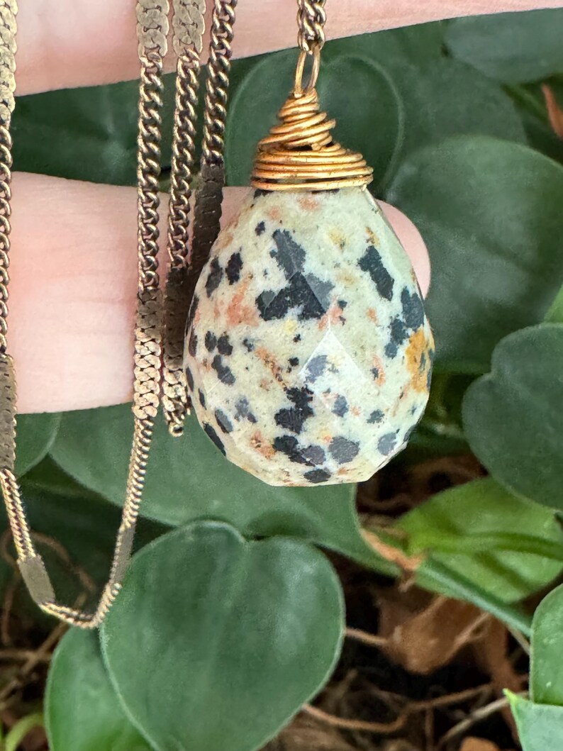 Puede incluir: Un collar de cadena dorada con un colgante en forma de l&aacute;grima. El colgante es una piedra beige claro con motas negras y naranjas, facetada para captar la luz. El colgante est&aacute; envuelto en alambre dorado.