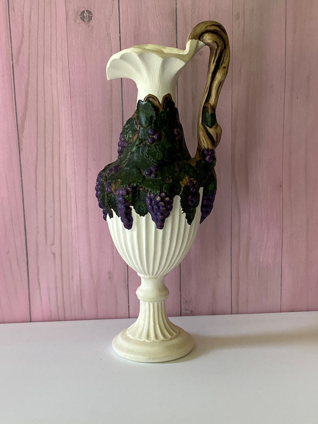 Vtg Large Arnel's Ceramic Grape Pitcher, 13 White Pitcher/vase With