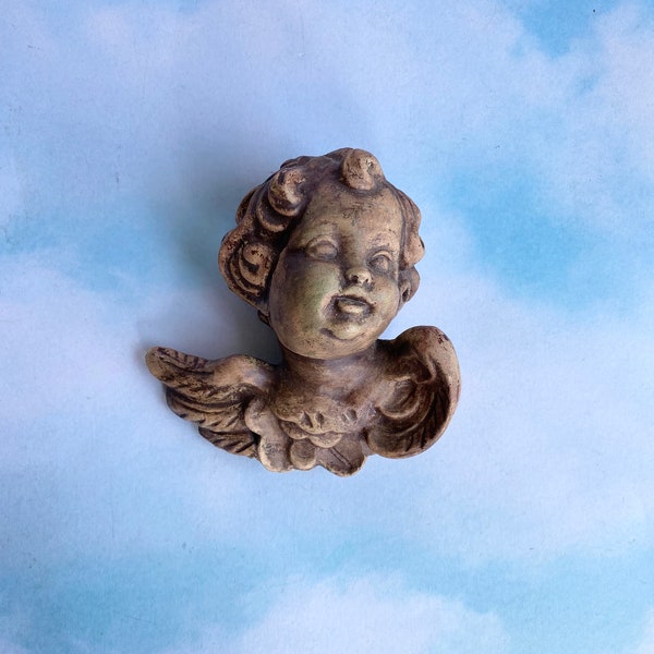 Vtg Cherub Bust Wall Decor, Ceramic/Chalkware Plaster Painted Cherub Head Wall Decor