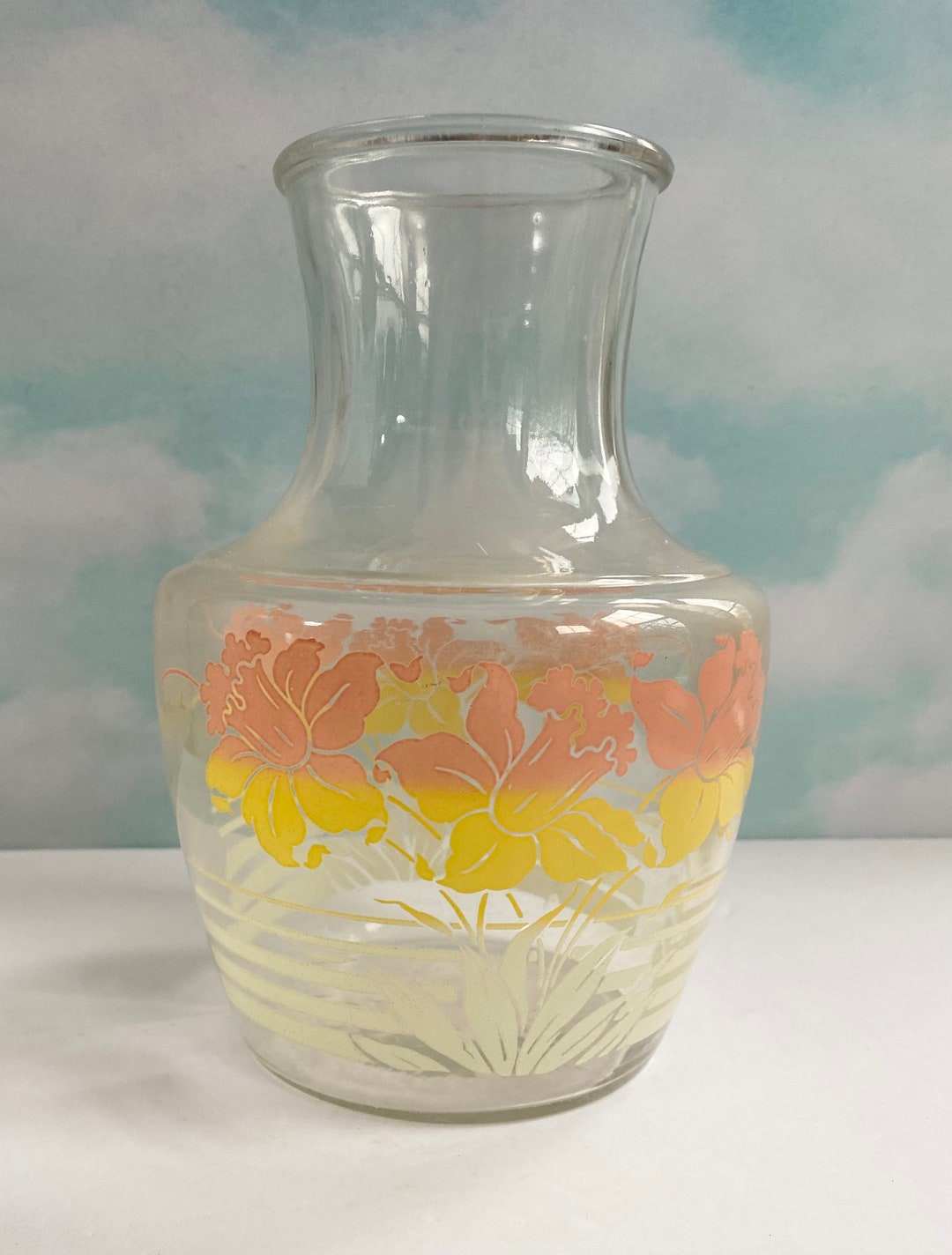 Vtg Anchor Hocking Juice Carafe Daffodil Floral Glass Juice Etsy