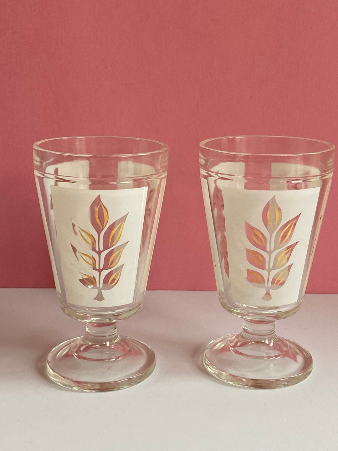 Vtg Footed Drinking Glasses White With Gold Leaf Design, Set of Two