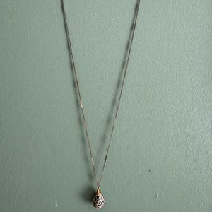 Puede incluir: Un delicado collar con una fina cadena y un colgante moteado en forma de huevo. El colgante presenta un patr&oacute;n de manchas negras sobre un fondo blanco, suspendido de una fina cadena plateada. El collar se muestra sobre un fondo verde apagado.