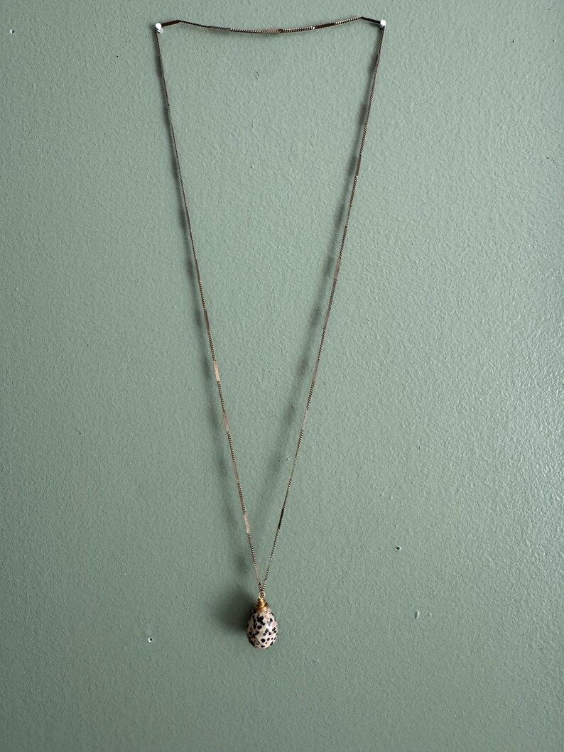 Puede incluir: Un delicado collar con una fina cadena y un colgante moteado en forma de huevo. El colgante presenta un patr&oacute;n de manchas negras sobre un fondo blanco, suspendido de una fina cadena plateada. El collar se muestra sobre un fondo verde apagado.