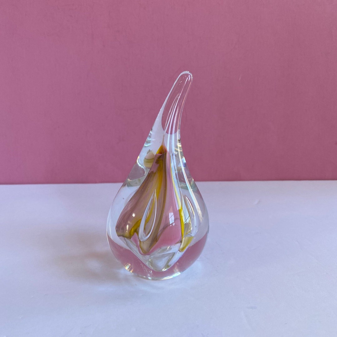 Vtg AJ Adam Jablonski of Poland Lead Crystal Art Glass Teardrop Yellow