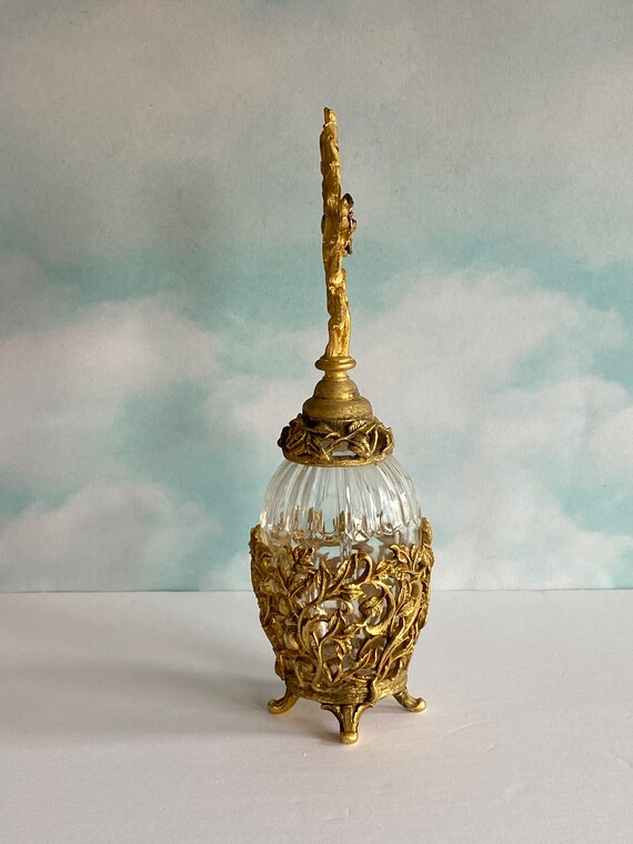 Vtg Ormolu Gold Plated Glass Perfume Bottle, Boud… - image 3