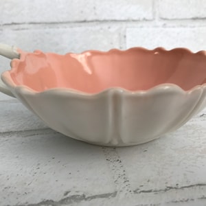 Vintage Fire-King Vitrock Oyster And Pearl, Loop Handle Pink/Peach Scalloped Dish, 1940&#39;s Anchor Hocking