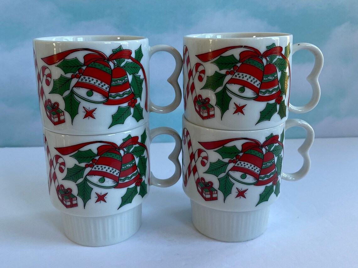 Vtg Stacked Christmas Mugs Set of 4 Holiday Mugs Bell and Etsy