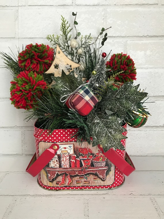 Vintage Tin Christmas Flower Arrangement Greenery Red and Green Pom Poms  and Christmas Balls 