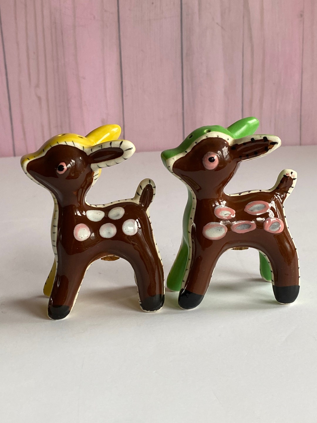 Vtg Napco Patchwork Deer Salt Pepper Shakers, Painted Stitched Look MCM