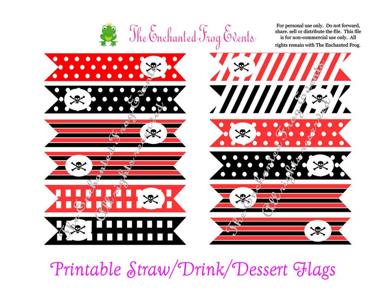 Pirate Party Drink Flags Straw Flags Instant Download-PRINTABLE Flags Dessert Flags Red and Black Skull and Cross Bones