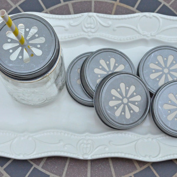 12 Pewter Daisy Cut Mason Jar Lids, Straw Lids, Rustic, Shabby Chic, Birthday, Wedding, Shower, Jar Lids, Mason Jar Lids, Shabby Chic Shower