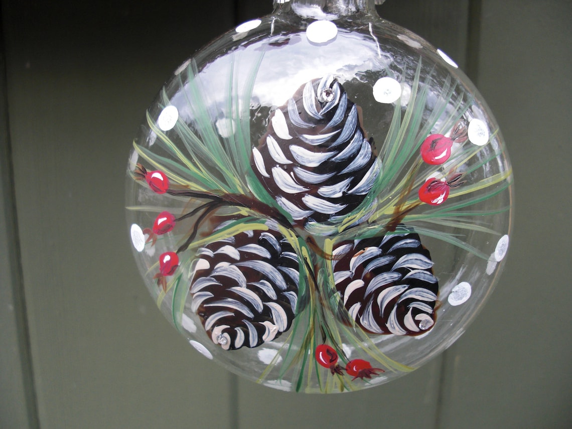 Hand Painted Glass Ornament With Berries and Pinecones Etsy