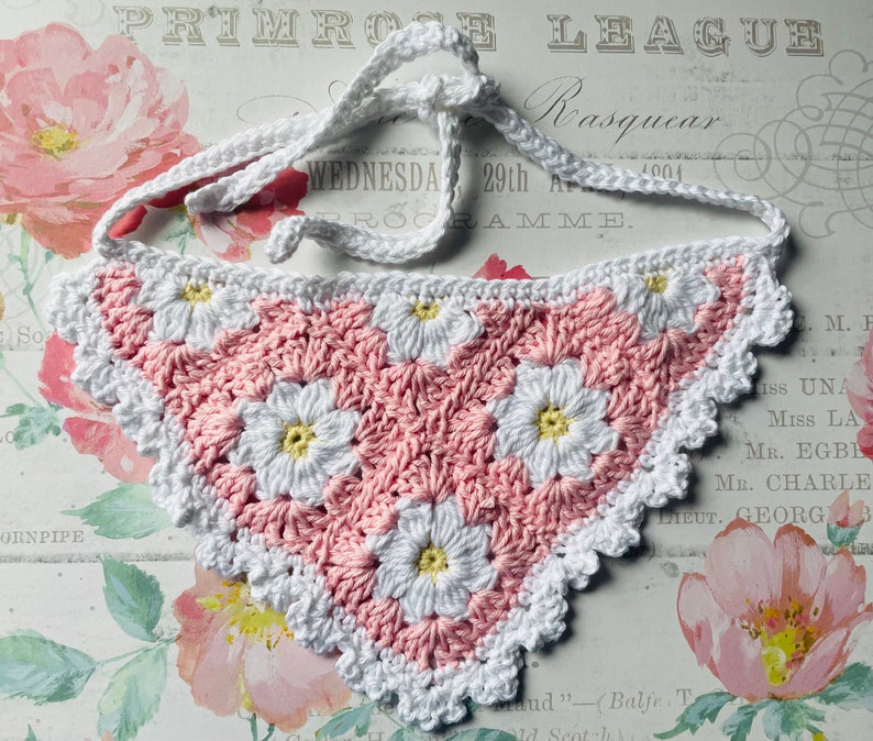 Op de afbeelding: Een roze en witte gehaakte slabbetje met een madeliefjespatroon en een witte gehaakte rand. Het slabbetje heeft twee lange banden.
