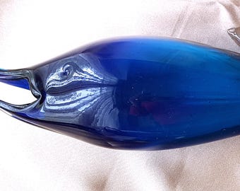 FANTASTIC Vintage Large Murano Glass Hand Blown Azure Blue Dolphin Sculpture, Large Fish, 11 Inches,Italian Art Glass Crystal Fish Figurine