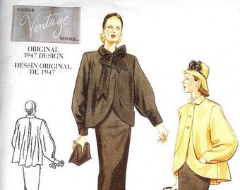 Modello vintage Vogue 2444 Design originale del 1947 Abito da 2 pezzi Bellissimo cappotto con giacca svasata sul retro, gonna sottile FF taglie 6-10 PIEGATO IN FABBRICA