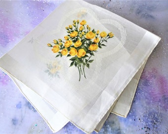 FAVOLOSO Hanky vintage, bouquet di rose gialle, mai usato, incornicialo, fazzoletti decorativi della metà del secolo, fazzoletti da collezione, regalo per lei