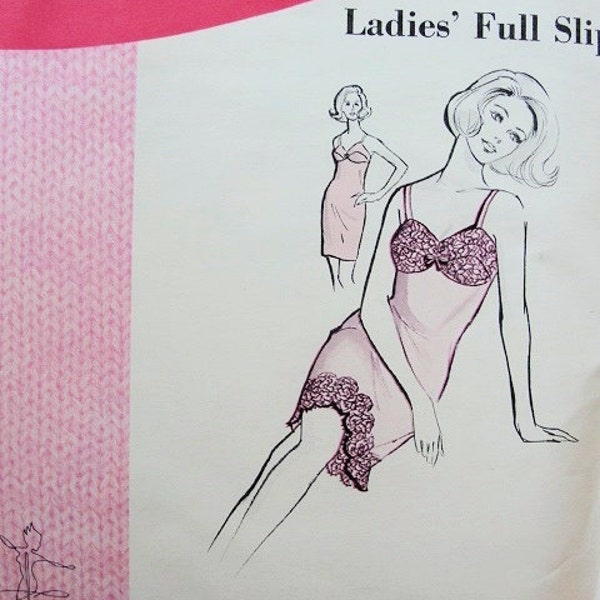 1960s Vintage Sexy Full Slip Lingerie Pattern Pin Up Kitten Style Feminine Lace Trimmed 60s Liz Taylor Butterfield 8 Sizes S M L XL UNCUT