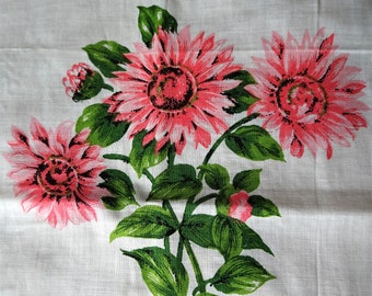 FAVOLOSO Fazzoletto vintage, Grandi fiori rosa colorati, Fazzoletto stampato, Bordo rosa, Incornicialo, Fazzoletti decorativi di metà secolo, Fazzoletti da collezione