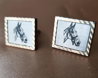 Favolosi gemelli vintage MCM, gemelli con incisione di cavallo, equestri, argento e oro, gemelli da uomo, bicolore, gioielli vintage da uomo