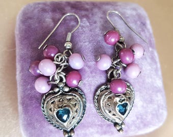 Orecchini vintage a forma di cuore in stile boho, argento anticato, perline viola, orecchini pendenti, per orecchie forate, stile boho, gioielli vintage da collezione