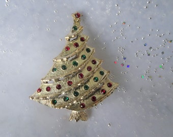 Grande spilla vintage per l'albero di Natale, bel metallo color oro strutturato con spilla di strass in vetro, gioielli da collezione per le vacanze