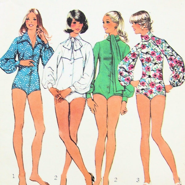 1970s  Bodysuits Blouse Pattern Front Button 4 Neckline Styles Vintage Sewing Pattern Simplicity 5746 UNCUT FF Bust 34