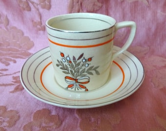 Tazza e piattino da demitasse inglese ART DECO, design lattina da caffè, dipinto a mano, finiture in argento, condizioni favolose, regalo unico
