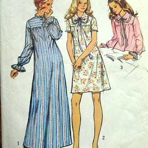 May include: Illustration of three vintage nightgown designs. The first is a long, blue and white striped gown with long sleeves. The second is a short, floral print nightgown with a Peter Pan collar. The third is a pink pajama top with a Peter Pan collar.