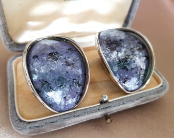 Orecchini vintage DRAMATIC anni '80, orecchini a perno in smalto viola e grigio, metallo color argento, design unico, gioielli vintage da collezione