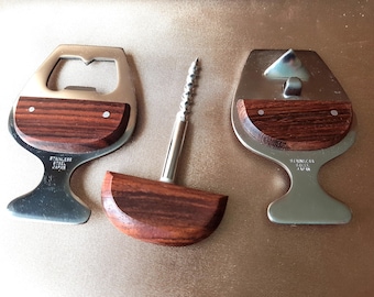 FAVOLOSO set da bar di metà secolo, acciaio inossidabile giapponese e palissandro, apribottiglie, cavatappi, articoli da bar vintage da collezione