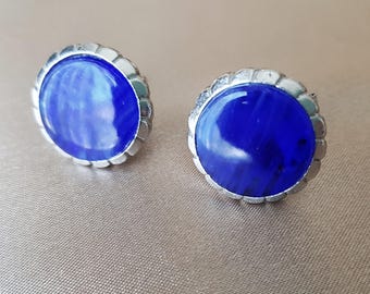 SPLENDENTI gemelli vintage anni '50, in vetro artistico blu intenso e metallo argentato, gemelli di metà secolo, accessori per abiti da uomo, regali di nozze