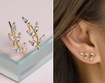 Leaf Crystal Earrings, Gold Earrings, Ear Climber Crawlers E247