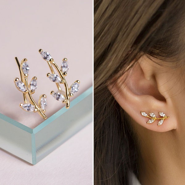 Leaf Crystal Earrings, Gold Earrings, Ear Climber Crawlers E247