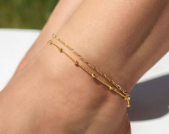 Gold Beaded Anklet – Dainty Diamond Cut Chain Ankle Bracelet for Women