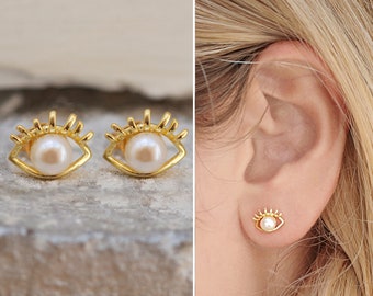 Pearl Earrings, Hamsa Evil Eye Studs, Second Hole Piercing, Minimalist Earring E418