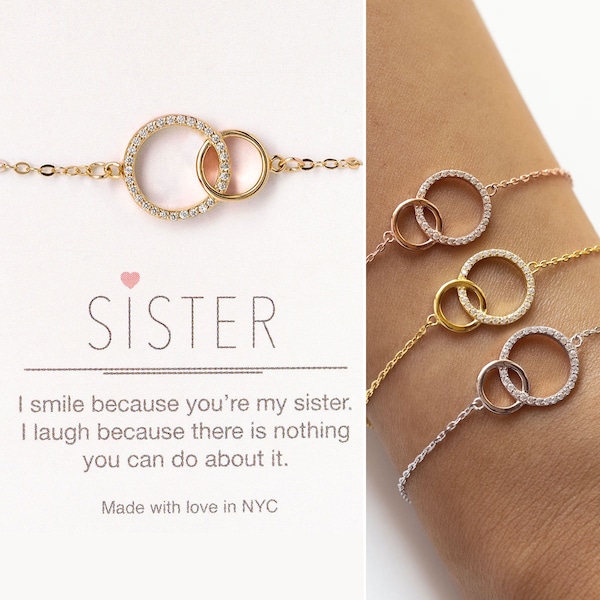 Gift for Sister – Interlocking Circle Bracelet, Cubic Zirconia, Sister Jewelry Gift, Gift for Her