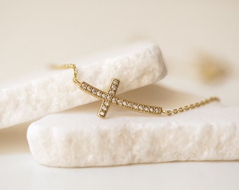 Cross Necklace, Sideways Cross Necklace, Gold Cross Necklace, Religious Gift, N565-26