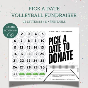 Puede incluir: Un calendario imprimible para recaudar fondos para un equipo de voleibol. El calendario presenta un gráfico de voleibol para cada día del mes. El texto dice "Elige una fecha para donar" y "Recopilación de fondos de voleibol".