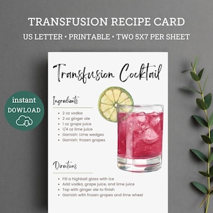Tarjeta imprimible con receta de cóctel Transfusion, cesta de bebidas para golf, cócteles en el green, cesta de regalo para golf, fiesta de golf