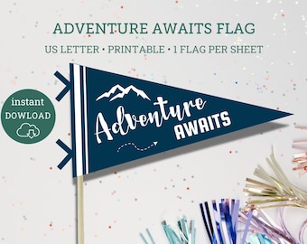 Adventure Awaits Pennant Flag, Mountain Baby Shower Decor (Digital Download)