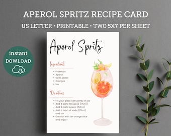 Aperol Spritz Printable Recipe Card, Aperol Gift Basket, Cocktail Recipe Card,