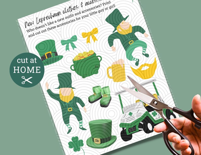 Pode incluir: Conjunto de artesanato de papel para cortar e imprimir que inclui um duende, um pote de ouro, um chap&eacute;u, um copo de cerveja, um trevo e um carrinho de golfe. O texto "cut at home" est&aacute; inclu&iacute;do na imagem.