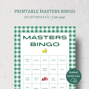 May include: Printable Masters Bingo game on US Letter 8.5 x 11 inch paper. The bingo card has a green and white checkered border and features the text "MASTERS BINGO" in large green letters. The card includes bingo squares with golf-related terms.