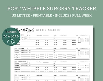 Pode incluir: Rastreador de Cirurgia Pós-Whipple para impressão, um registro semanal para acompanhar o açúcar no sangue, os níveis de dor, as caminhadas, as evacuações intestinais e os medicamentos diários. O rastreador inclui seções para segunda-feira a quinta-feira.