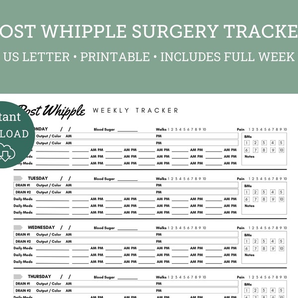 Whipple Surgery Tracker, Whipple Warrior, Pancreatic Surgery, Surgery Recovery Tracker, BM tracker, Daily Pain Tracker, Surgery Tracker