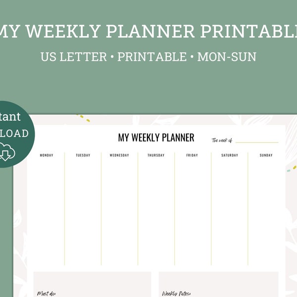 My Weekly Planner, Weekly Planner Printable, Weekly note taker, Daily notes, Printable to do list, instant download tracker, organized life