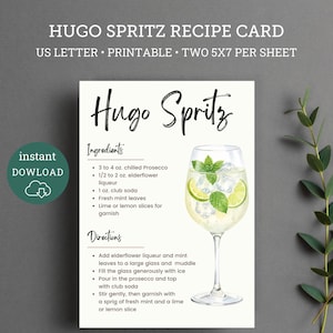 Peut inclure: Une fiche recette blanche intitulée Hugo Spritz avec une illustration à l'aquarelle d'un cocktail dans un verre à pied avec de la glace, de la menthe et du citron vert. Le texte détaille les ingrédients et les instructions de préparation.